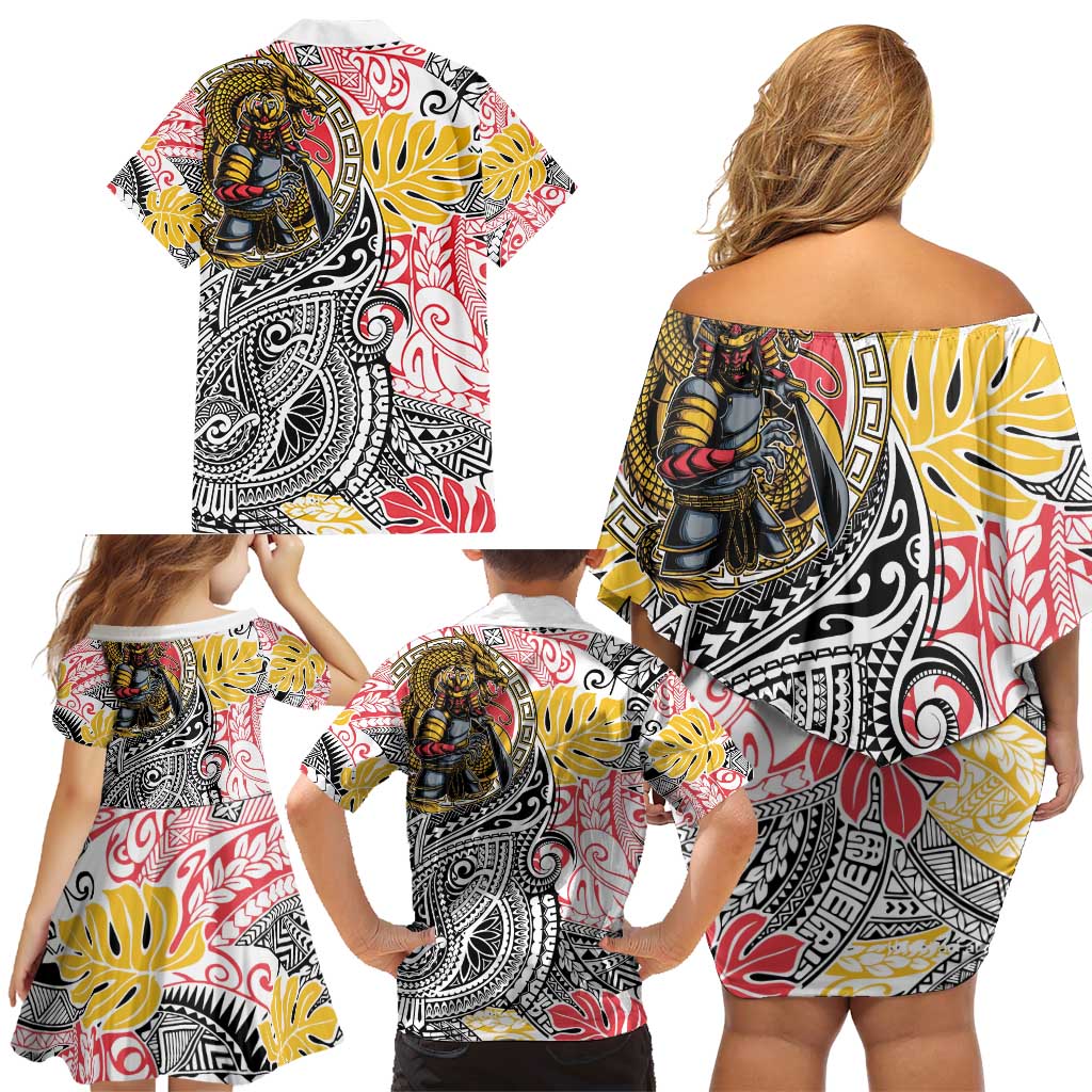 Japanese Samurai Warrior Family Matching Off Shoulder Short Dress and Hawaiian Shirt Colorful Polynesian Tattoo Style LT9 - Polynesian Pride