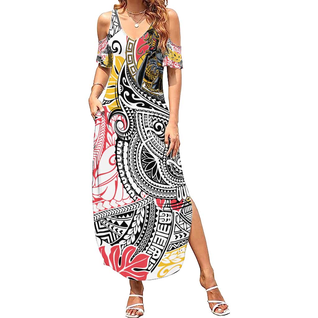 Japanese Samurai Warrior Family Matching Summer Maxi Dress and Hawaiian Shirt Colorful Polynesian Tattoo Style LT9 Mom's Dress White - Polynesian Pride