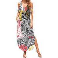 Japanese Samurai Warrior Family Matching Summer Maxi Dress and Hawaiian Shirt Colorful Polynesian Tattoo Style LT9 Mom's Dress White - Polynesian Pride