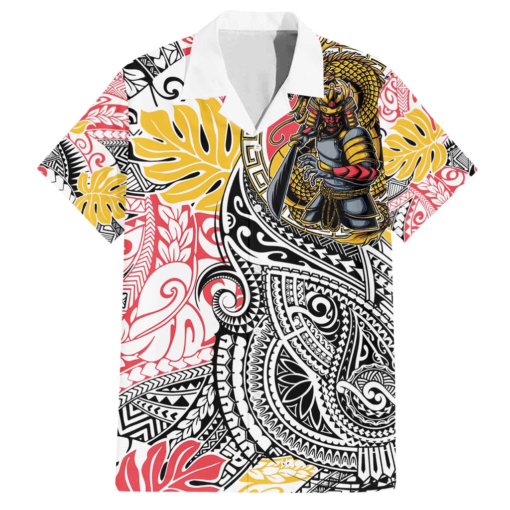 Japanese Samurai Warrior Family Matching Tank Maxi Dress and Hawaiian Shirt Colorful Polynesian Tattoo Style LT9 Dad's Shirt - Short Sleeve White - Polynesian Pride