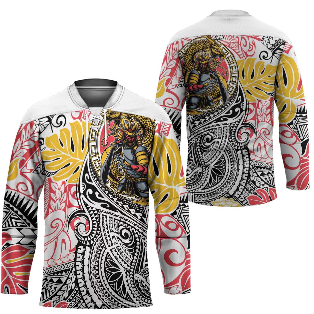 Japanese Samurai Warrior Hockey Jersey Colorful Polynesian Tattoo Style - Polynesian Pride