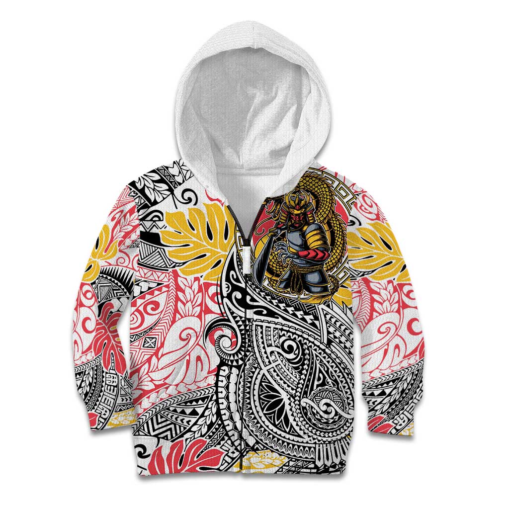 Japanese Samurai Warrior Kid Hoodie Colorful Polynesian Tattoo Style LT9 Zip Hoodie White - Polynesian Pride
