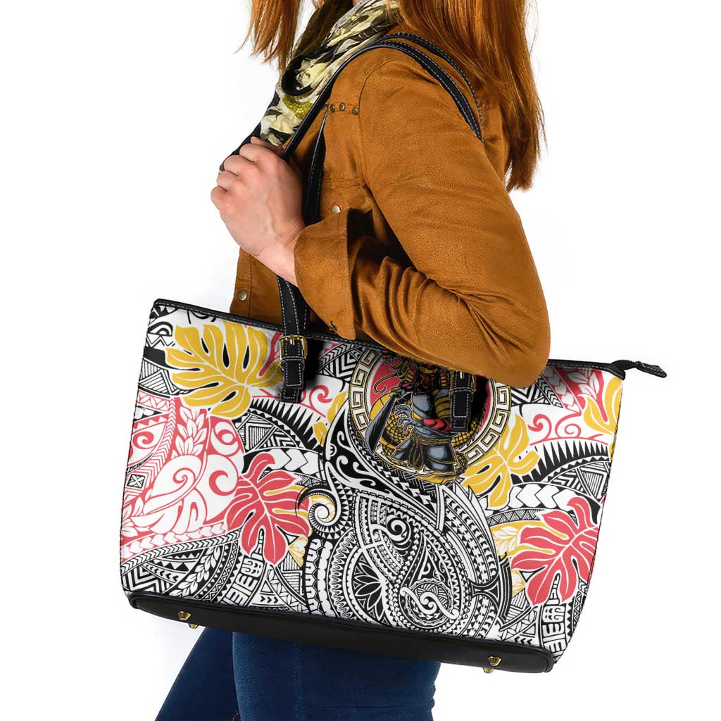 Japanese Samurai Warrior Leather Tote Bag Colorful Polynesian Tattoo Style LT9 White - Polynesian Pride