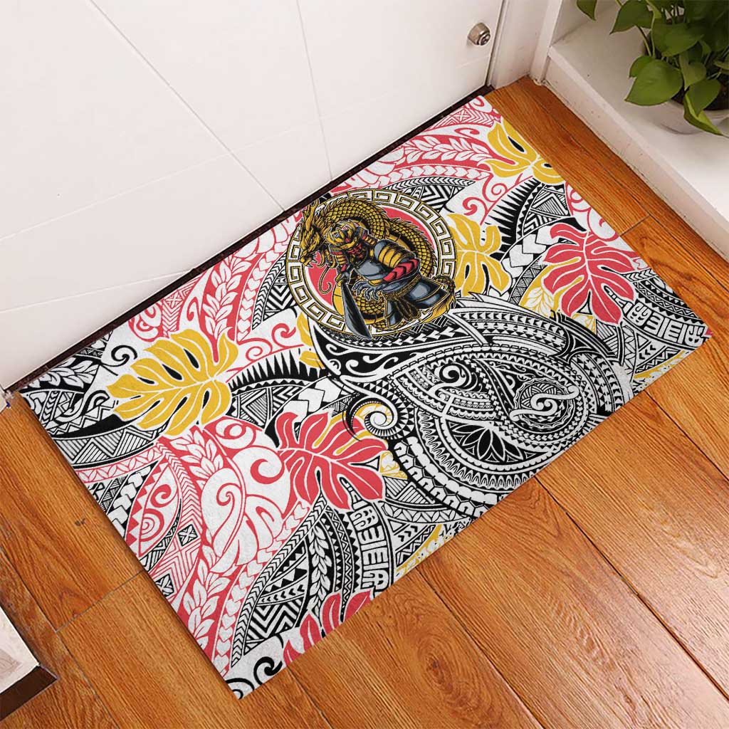 Japanese Samurai Warrior Rubber Doormat Colorful Polynesian Tattoo Style