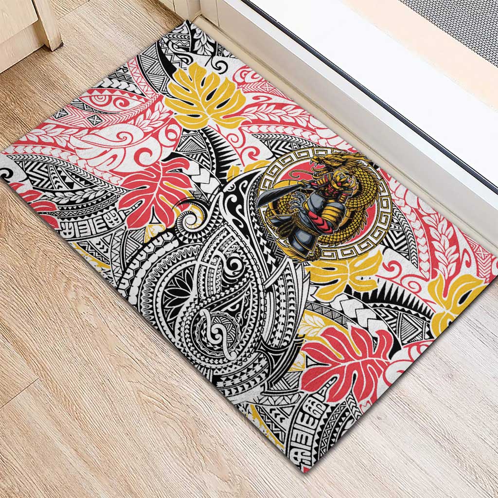 Japanese Samurai Warrior Rubber Doormat Colorful Polynesian Tattoo Style