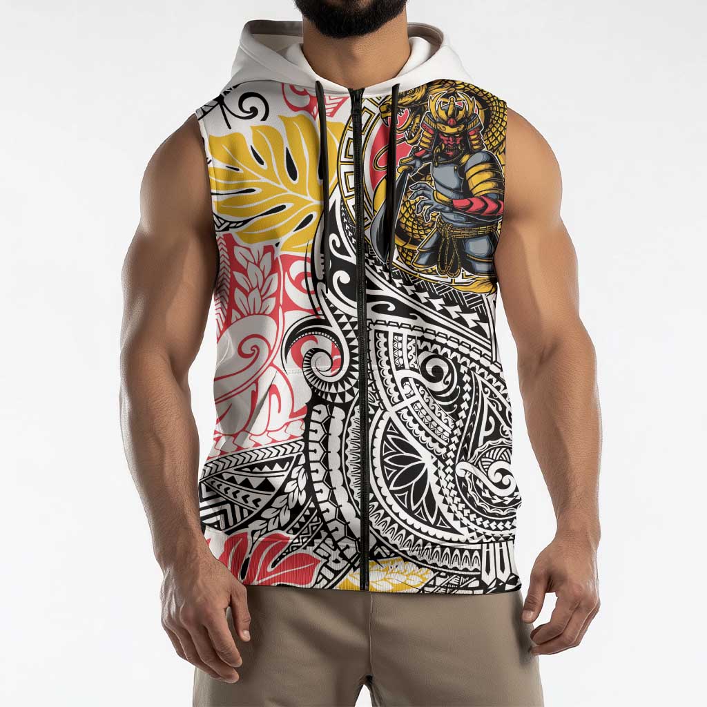 Japanese Samurai Warrior Sleeveless Zip Hoodie Colorful Polynesian Tattoo Style - Polynesian Pride