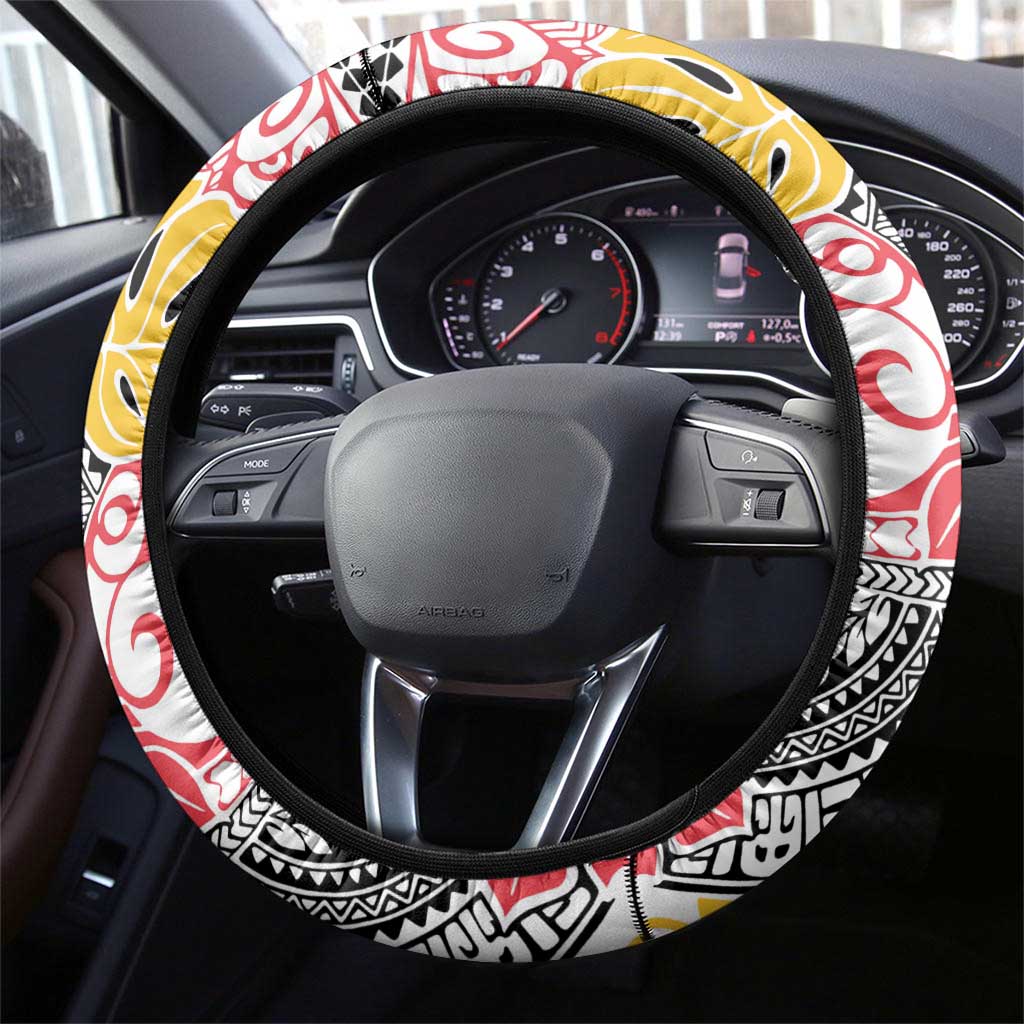 Japanese Samurai Warrior Steering Wheel Cover Colorful Polynesian Tattoo Style