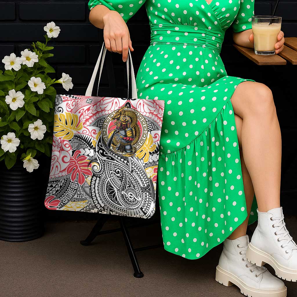 Japanese Samurai Warrior Tote Bag Colorful Polynesian Tattoo Style - Polynesian Pride