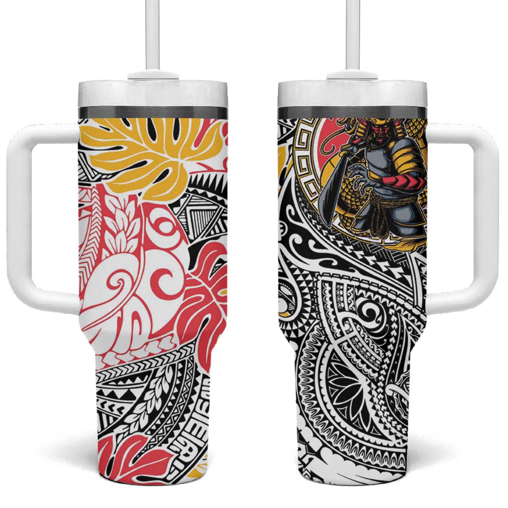 Japanese Samurai Warrior Tumbler With Handle Colorful Polynesian Tattoo Style LT9 One Size: 40 oz White - Polynesian Pride