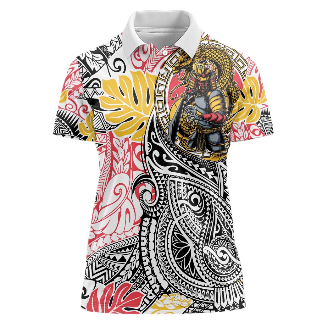 Japanese Samurai Warrior Women Polo Shirt Colorful Polynesian Tattoo Style