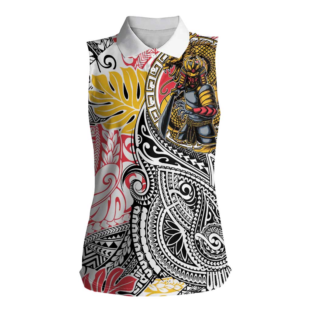Japanese Samurai Warrior Women Sleeveless Polo Shirt Colorful Polynesian Tattoo Style LT9 Female White - Polynesian Pride