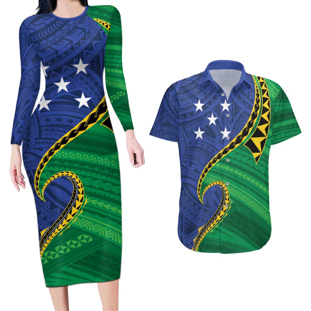 Solomon Islands Independence Day 1978 Personalised Couples Matching Long Sleeve Bodycon Dress and Hawaiian Shirt Polynesian Pattern with Flag Style LT9 Blue - Polynesian Pride