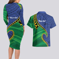 Solomon Islands Independence Day 1978 Personalised Couples Matching Long Sleeve Bodycon Dress and Hawaiian Shirt Polynesian Pattern with Flag Style LT9 - Polynesian Pride