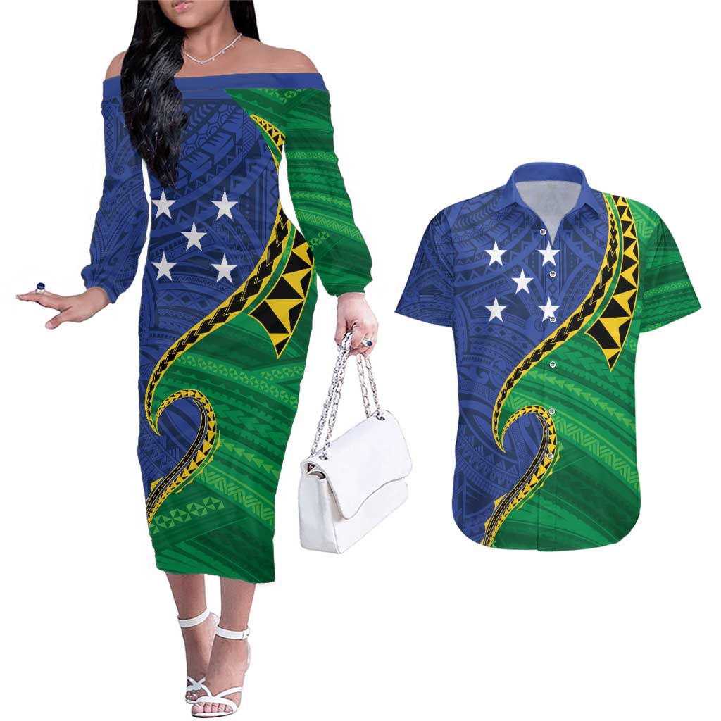 Solomon Islands Independence Day 1978 Personalised Couples Matching Off The Shoulder Long Sleeve Dress and Hawaiian Shirt Polynesian Pattern with Flag Style LT9 Blue - Polynesian Pride