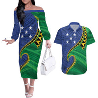Solomon Islands Independence Day 1978 Personalised Couples Matching Off The Shoulder Long Sleeve Dress and Hawaiian Shirt Polynesian Pattern with Flag Style LT9 Blue - Polynesian Pride