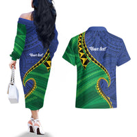 Solomon Islands Independence Day 1978 Personalised Couples Matching Off The Shoulder Long Sleeve Dress and Hawaiian Shirt Polynesian Pattern with Flag Style LT9 - Polynesian Pride
