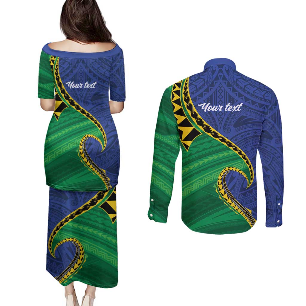Solomon Islands Independence Day 1978 Personalised Couples Matching Puletasi and Long Sleeve Button Shirt Polynesian Pattern with Flag Style