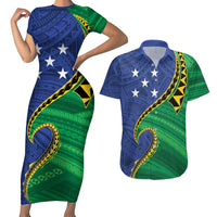 Solomon Islands Independence Day 1978 Personalised Couples Matching Short Sleeve Bodycon Dress and Hawaiian Shirt Polynesian Pattern with Flag Style LT9 Blue - Polynesian Pride