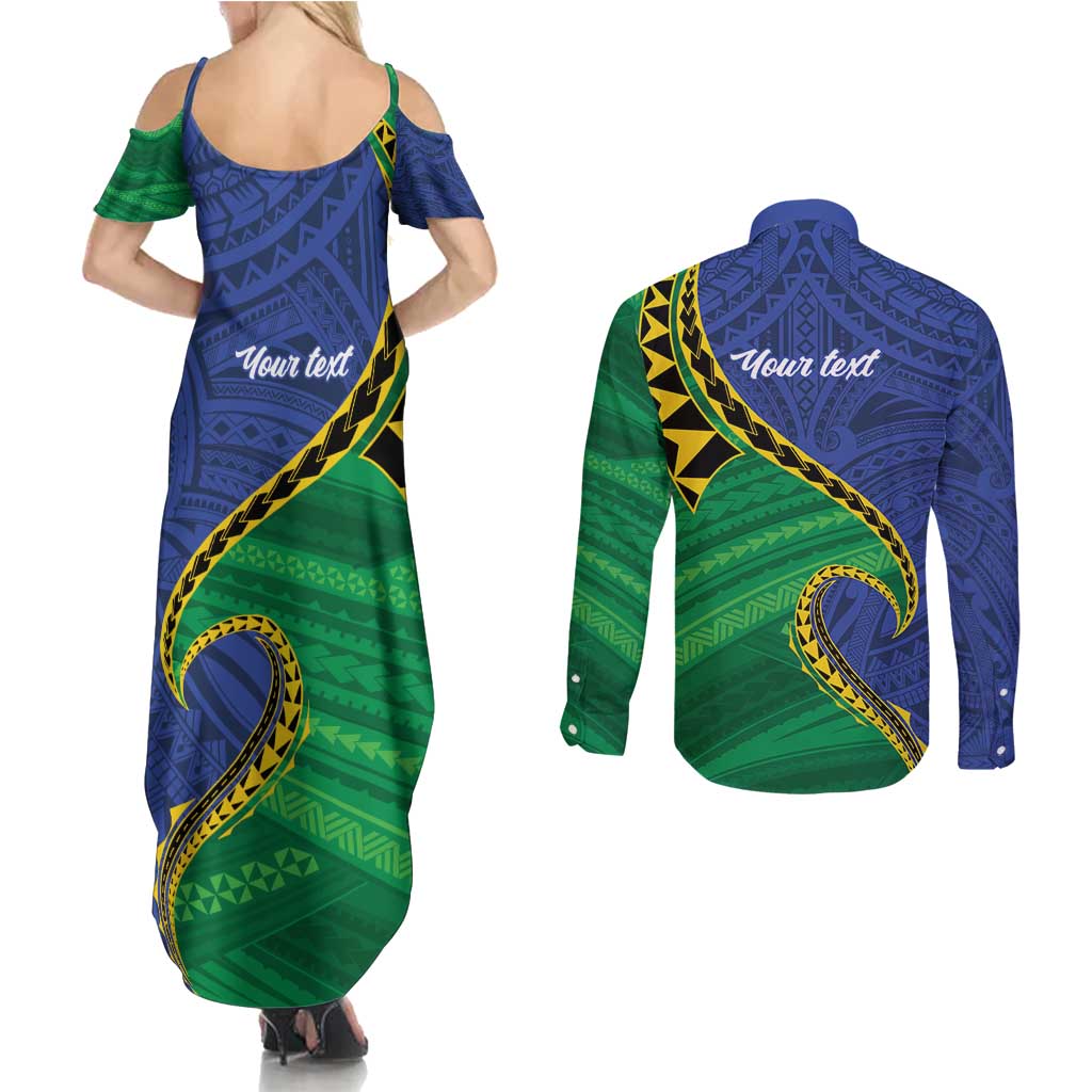 Solomon Islands Independence Day 1978 Personalised Couples Matching Summer Maxi Dress and Long Sleeve Button Shirt Polynesian Pattern with Flag Style