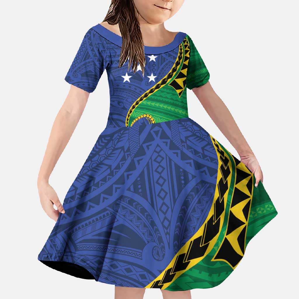 Solomon Islands Independence Day 1978 Personalised Family Matching Mermaid Dress and Hawaiian Shirt Polynesian Pattern with Flag Style LT9 Daughter's Dress Blue - Polynesian Pride