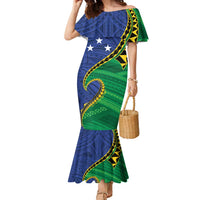Solomon Islands Independence Day 1978 Personalised Family Matching Mermaid Dress and Hawaiian Shirt Polynesian Pattern with Flag Style LT9 Mom's Dress Blue - Polynesian Pride