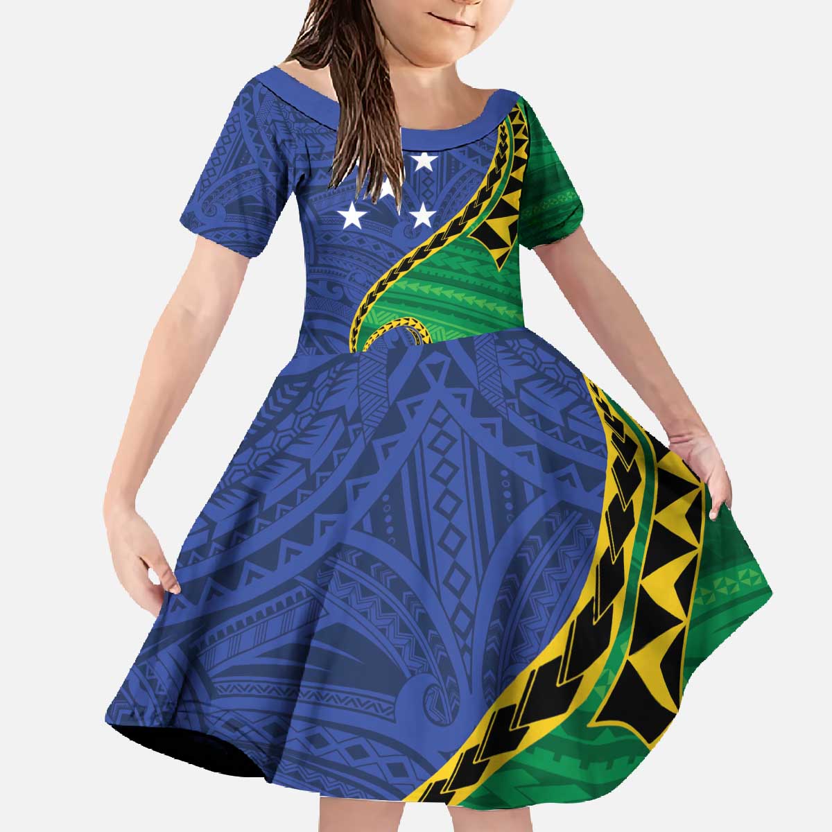 Solomon Islands Independence Day 1978 Personalised Family Matching Off The Shoulder Long Sleeve Dress and Hawaiian Shirt Polynesian Pattern with Flag Style LT9 Daughter's Dress Blue - Polynesian Pride