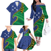 Solomon Islands Independence Day 1978 Personalised Family Matching Off The Shoulder Long Sleeve Dress and Hawaiian Shirt Polynesian Pattern with Flag Style LT9 - Polynesian Pride