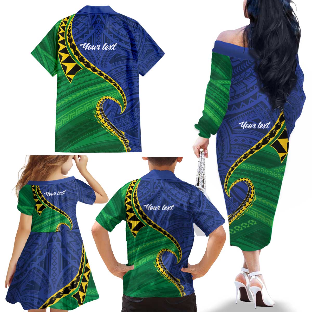 Solomon Islands Independence Day 1978 Personalised Family Matching Off The Shoulder Long Sleeve Dress and Hawaiian Shirt Polynesian Pattern with Flag Style LT9 - Polynesian Pride