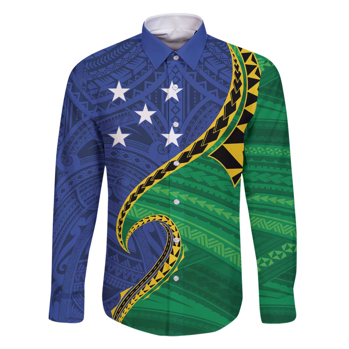 Solomon Islands Independence Day 1978 Personalised Family Matching Off The Shoulder Long Sleeve Dress and Hawaiian Shirt Polynesian Pattern with Flag Style LT9 Dad's Shirt - Long Sleeve Blue - Polynesian Pride