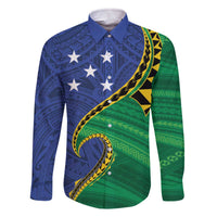 Solomon Islands Independence Day 1978 Personalised Family Matching Off The Shoulder Long Sleeve Dress and Hawaiian Shirt Polynesian Pattern with Flag Style LT9 Dad's Shirt - Long Sleeve Blue - Polynesian Pride