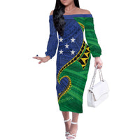 Solomon Islands Independence Day 1978 Personalised Family Matching Off The Shoulder Long Sleeve Dress and Hawaiian Shirt Polynesian Pattern with Flag Style LT9 Mom's Dress Blue - Polynesian Pride