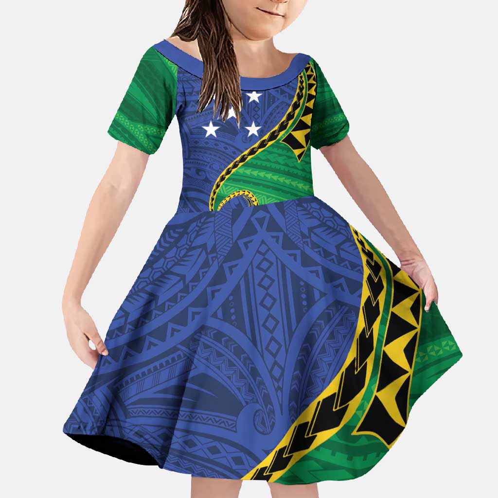 Solomon Islands Independence Day 1978 Personalised Family Matching Off Shoulder Maxi Dress and Hawaiian Shirt Polynesian Pattern with Flag Style LT9 Daughter's Dress Blue - Polynesian Pride