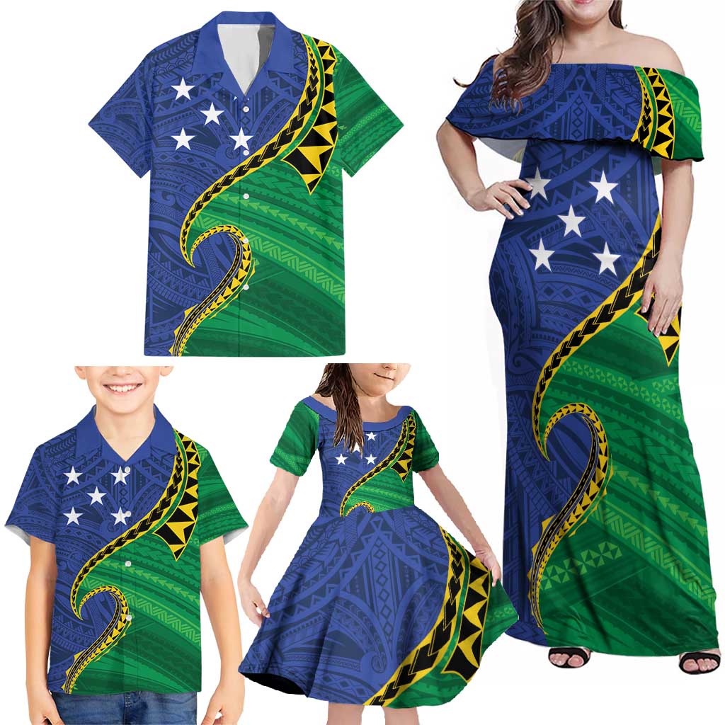 Solomon Islands Independence Day 1978 Personalised Family Matching Off Shoulder Maxi Dress and Hawaiian Shirt Polynesian Pattern with Flag Style LT9 - Polynesian Pride