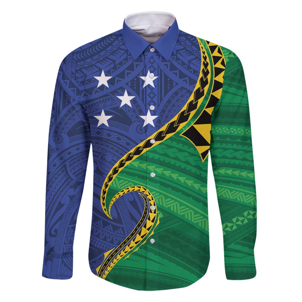 Solomon Islands Independence Day 1978 Personalised Family Matching Off Shoulder Maxi Dress and Hawaiian Shirt Polynesian Pattern with Flag Style LT9 Dad's Shirt - Long Sleeve Blue - Polynesian Pride