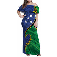 Solomon Islands Independence Day 1978 Personalised Family Matching Off Shoulder Maxi Dress and Hawaiian Shirt Polynesian Pattern with Flag Style LT9 Mom's Dress Blue - Polynesian Pride