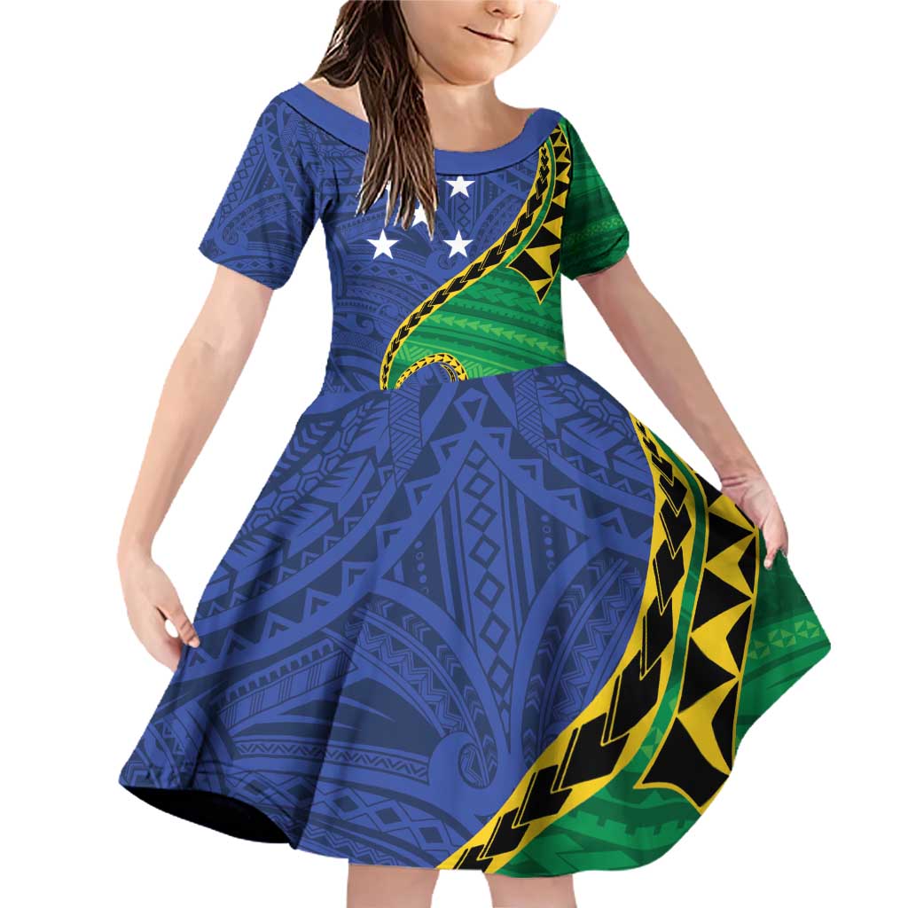 Solomon Islands Independence Day 1978 Personalised Family Matching Off Shoulder Short Dress and Hawaiian Shirt Polynesian Pattern with Flag Style LT9 Daughter's Dress Blue - Polynesian Pride
