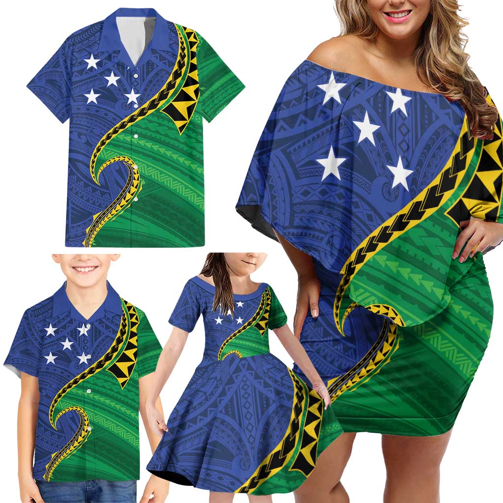 Solomon Islands Independence Day 1978 Personalised Family Matching Off Shoulder Short Dress and Hawaiian Shirt Polynesian Pattern with Flag Style LT9 - Polynesian Pride