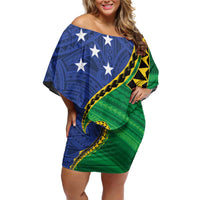 Solomon Islands Independence Day 1978 Personalised Family Matching Off Shoulder Short Dress and Hawaiian Shirt Polynesian Pattern with Flag Style LT9 Mom's Dress Blue - Polynesian Pride