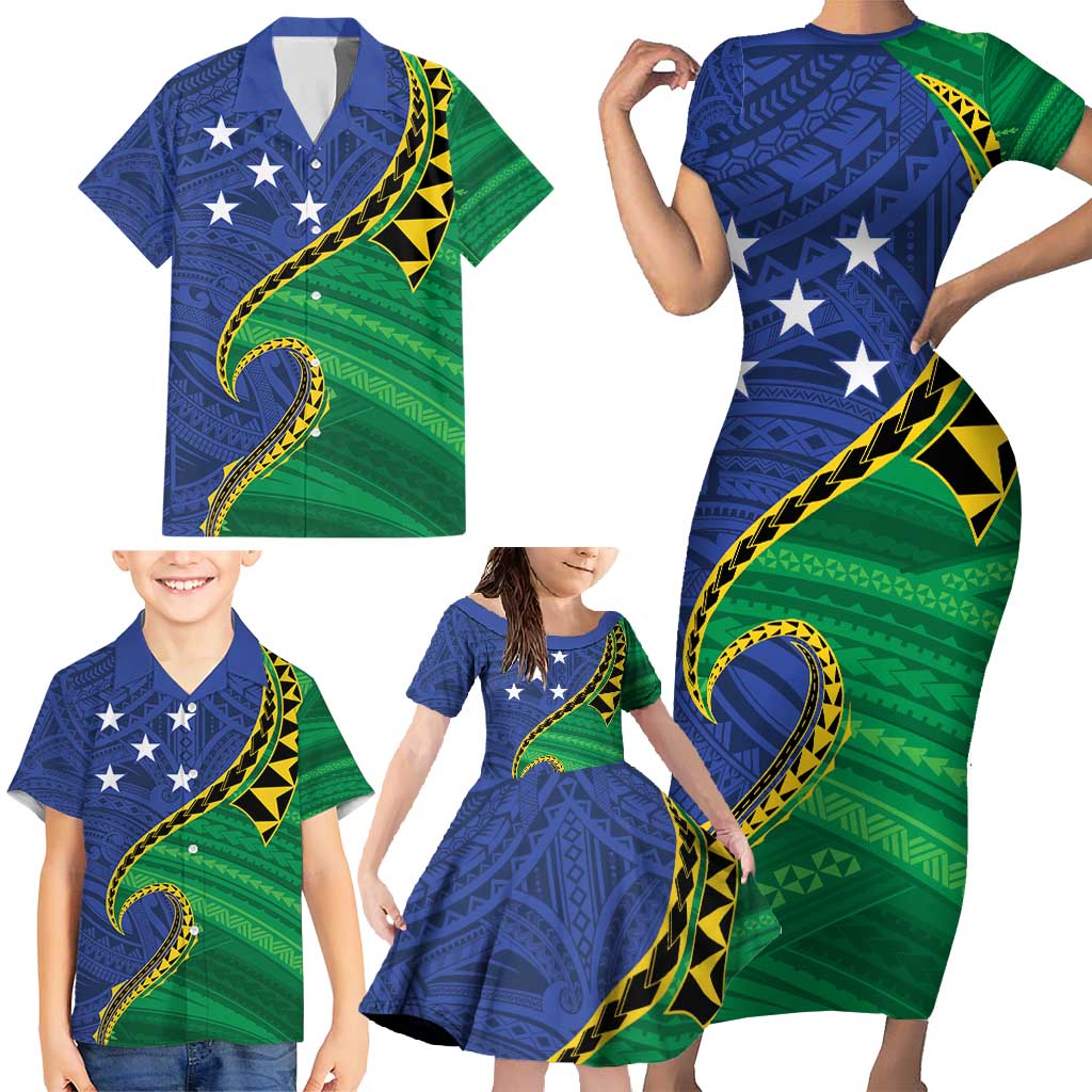 Solomon Islands Independence Day 1978 Personalised Family Matching Short Sleeve Bodycon Dress and Hawaiian Shirt Polynesian Pattern with Flag Style LT9 - Polynesian Pride