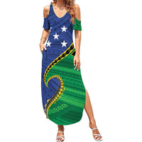 Solomon Islands Independence Day 1978 Personalised Summer Maxi Dress Polynesian Pattern with Flag Style LT9 Women Blue - Polynesian Pride