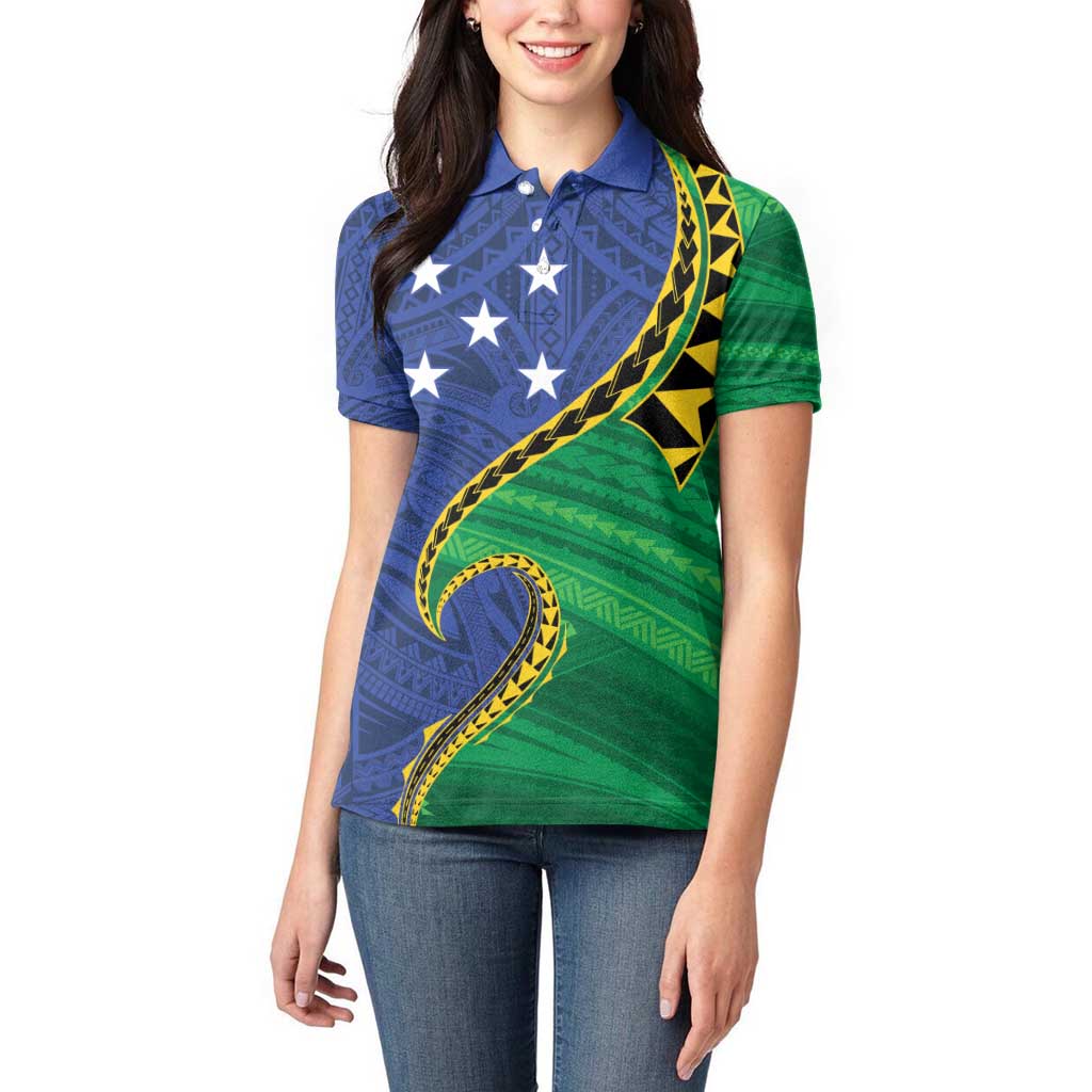 Solomon Islands Independence Day 1978 Personalised Women Polo Shirt Polynesian Pattern with Flag Style