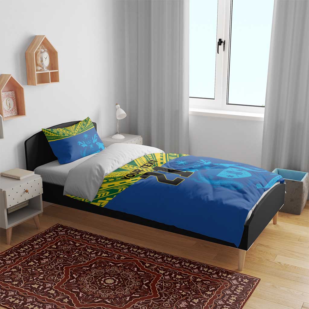 Solomon Islands Rugby Custom Bedding Set Simple Coat of arm Polynesian Pattern