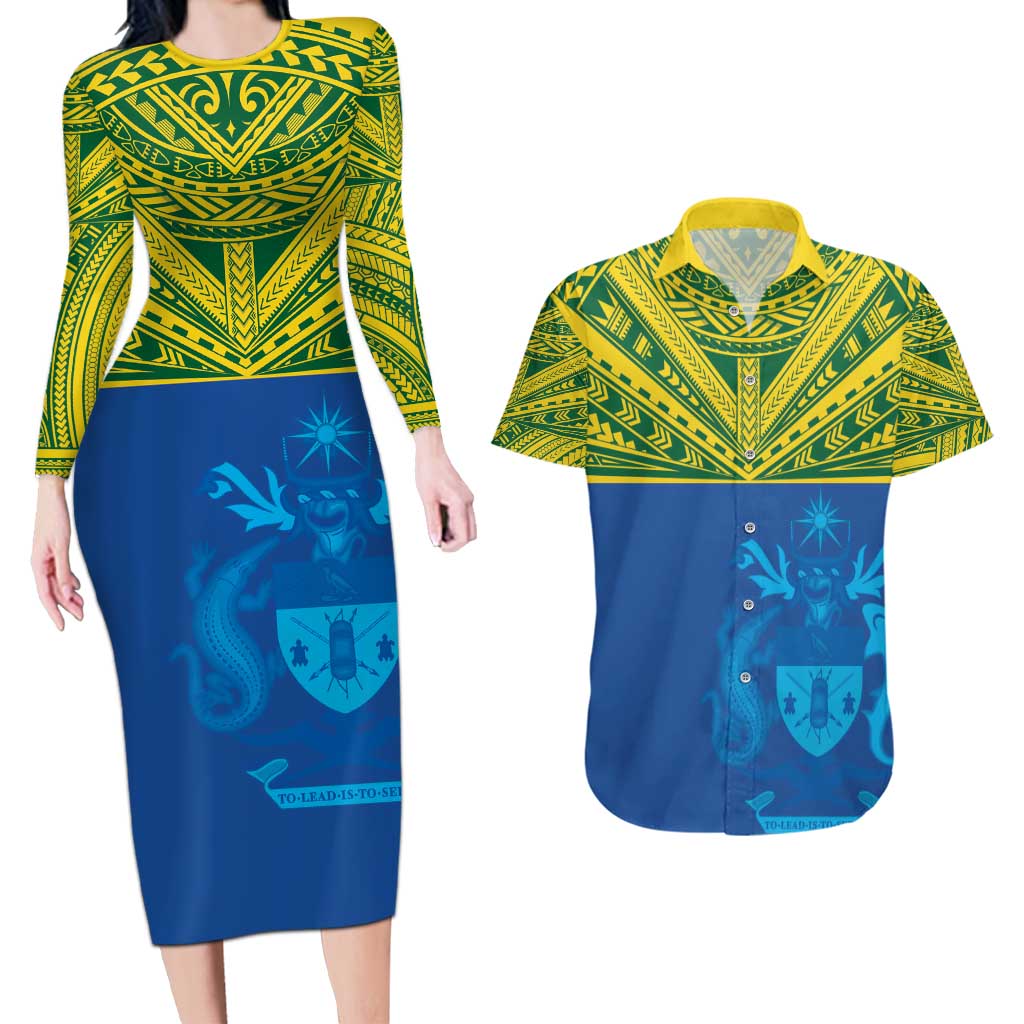 Solomon Islands Rugby Custom Couples Matching Long Sleeve Bodycon Dress and Hawaiian Shirt Simple Coat of arm Polynesian Pattern LT9 Gold - Polynesian Pride