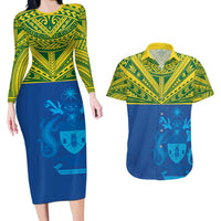 Solomon Islands Rugby Custom Couples Matching Long Sleeve Bodycon Dress and Hawaiian Shirt Simple Coat of arm Polynesian Pattern LT9 Gold - Polynesian Pride