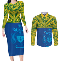 Solomon Islands Rugby Custom Couples Matching Long Sleeve Bodycon Dress and Long Sleeve Button Shirt Simple Coat of arm Polynesian Pattern LT9 Gold - Polynesian Pride