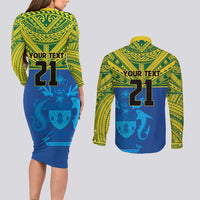 Solomon Islands Rugby Custom Couples Matching Long Sleeve Bodycon Dress and Long Sleeve Button Shirt Simple Coat of arm Polynesian Pattern LT9 - Polynesian Pride