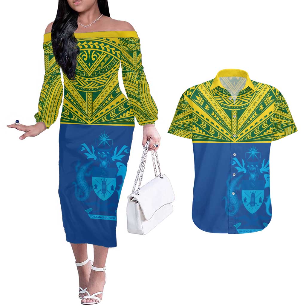 Solomon Islands Rugby Custom Couples Matching Off The Shoulder Long Sleeve Dress and Hawaiian Shirt Simple Coat of arm Polynesian Pattern LT9 Gold - Polynesian Pride