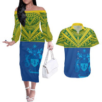 Solomon Islands Rugby Custom Couples Matching Off The Shoulder Long Sleeve Dress and Hawaiian Shirt Simple Coat of arm Polynesian Pattern LT9 Gold - Polynesian Pride