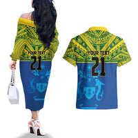 Solomon Islands Rugby Custom Couples Matching Off The Shoulder Long Sleeve Dress and Hawaiian Shirt Simple Coat of arm Polynesian Pattern LT9 - Polynesian Pride