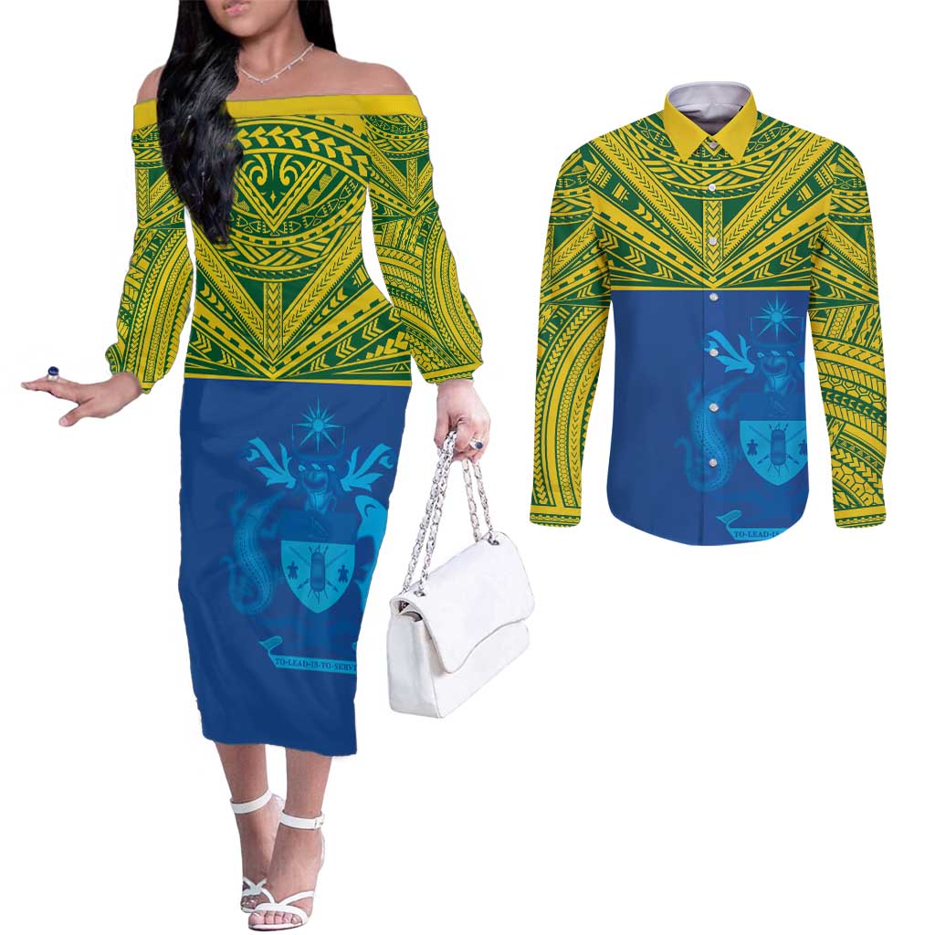 Solomon Islands Rugby Custom Couples Matching Off The Shoulder Long Sleeve Dress and Long Sleeve Button Shirt Simple Coat of arm Polynesian Pattern LT9 Gold - Polynesian Pride